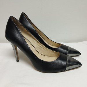 Anne Klein Black Leather Pointed Toe Pumps sz 6.5 Silver Metallic Tips